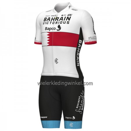 Set Fietsshirt + Korte Koersbroek 2023 Bahrain Victorious Version Bahrein Kampioenschap Wit